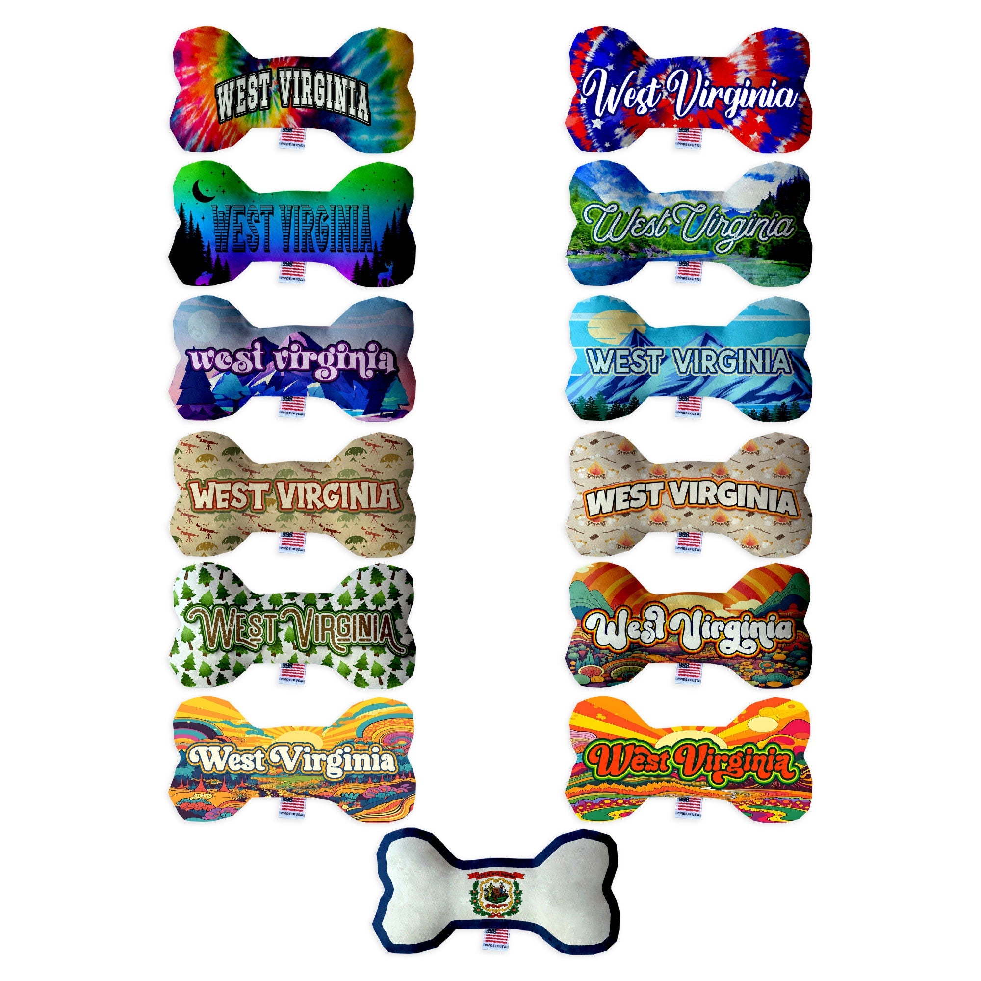 A collection of handmade plush bone toys for dogs, featuring various patterns inspired by West Virginia State, available in different sizes.