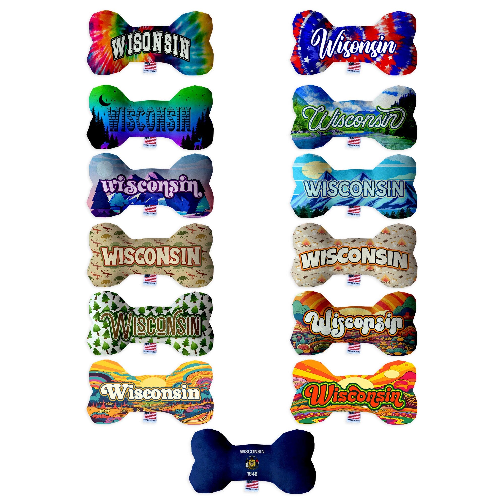 A collection of handmade plush bone toys featuring Wisconsin State designs, available in various sizes and colors.