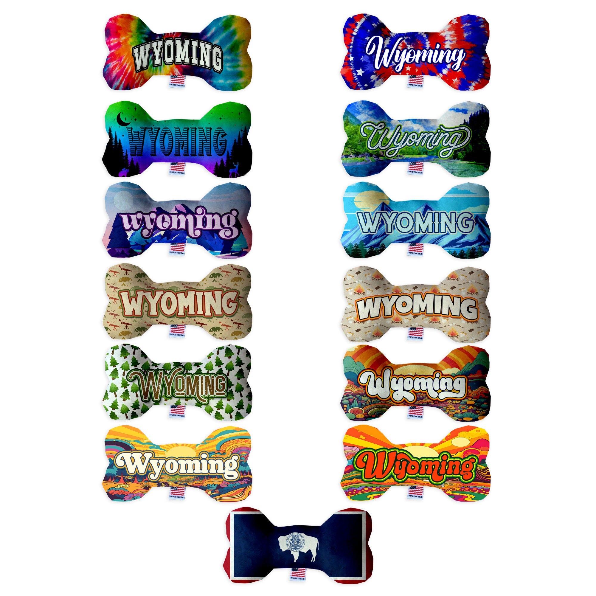 A collection of Wyoming State themed plush bone toys for dogs, showcasing various patterns and sizes, perfect for playtime and cuddling.