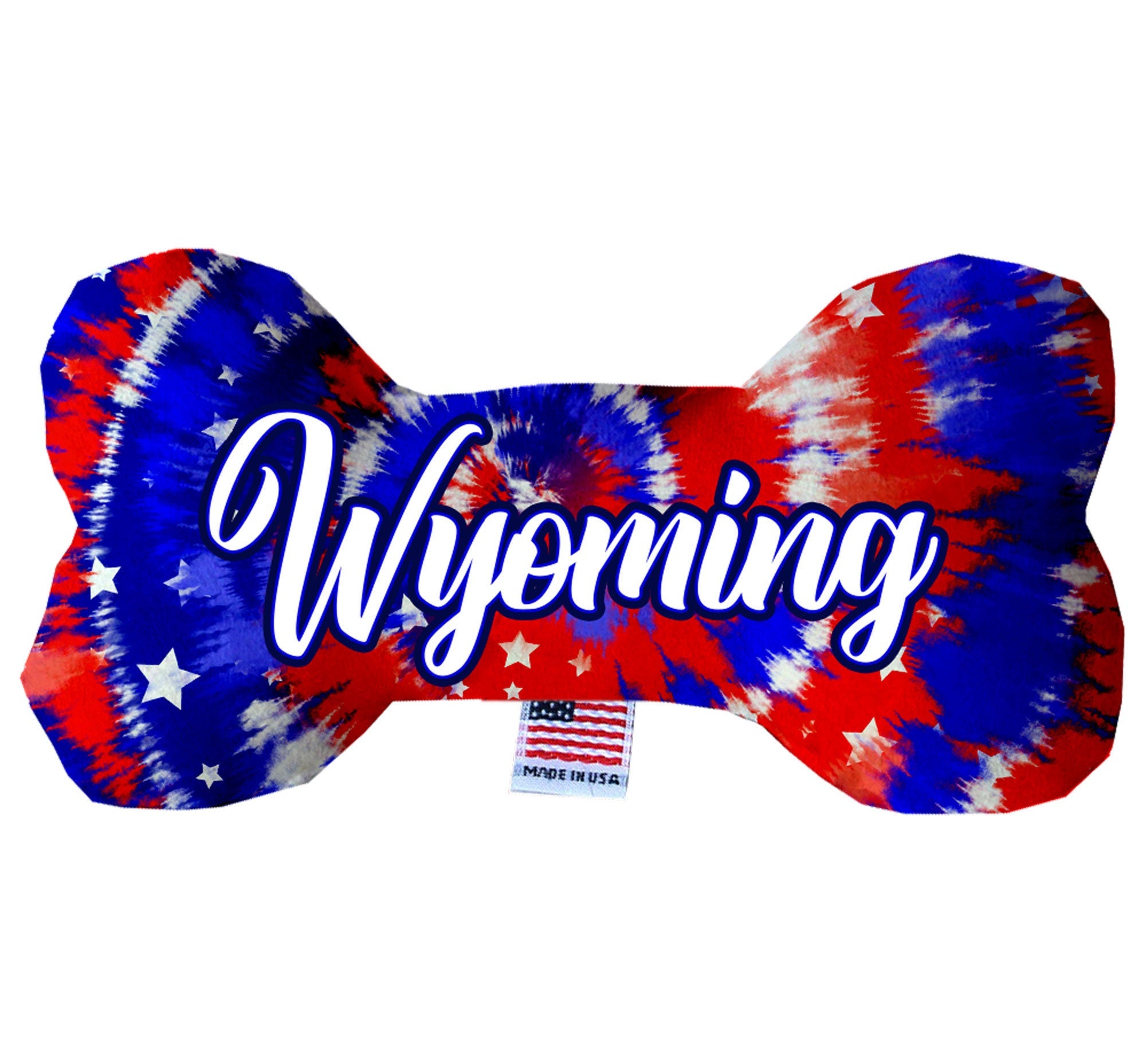 A collection of Wyoming State themed plush bone toys for dogs, showcasing various patterns and sizes, perfect for playtime and cuddling.