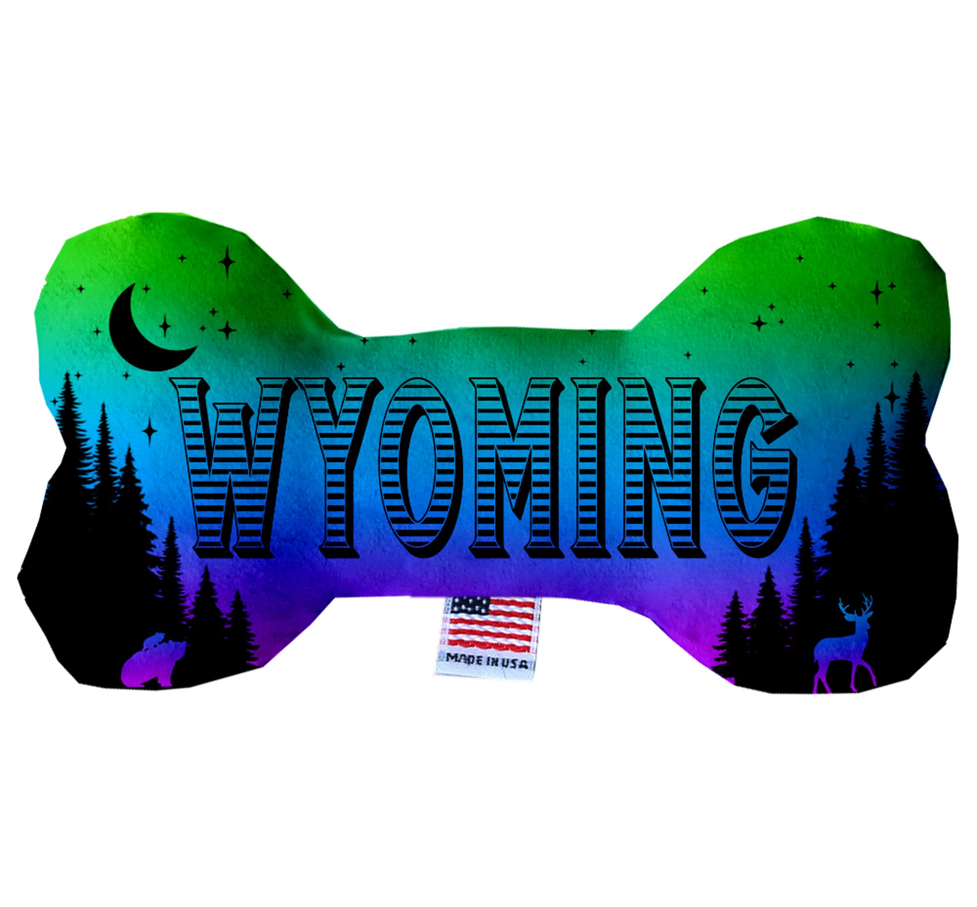 A collection of Wyoming State themed plush bone toys for dogs, showcasing various patterns and sizes, perfect for playtime and cuddling.