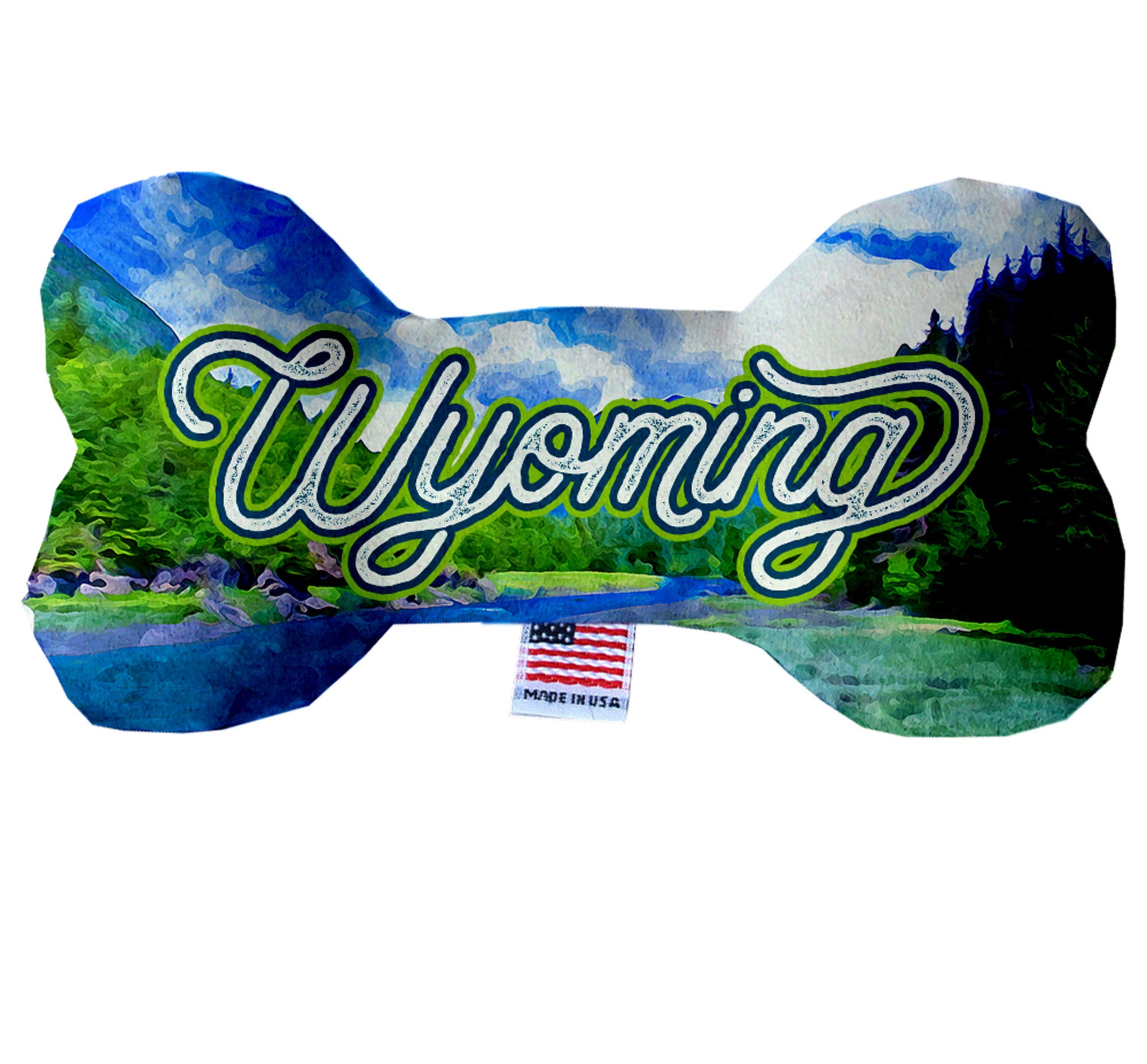 A collection of Wyoming State themed plush bone toys for dogs, showcasing various patterns and sizes, perfect for playtime and cuddling.