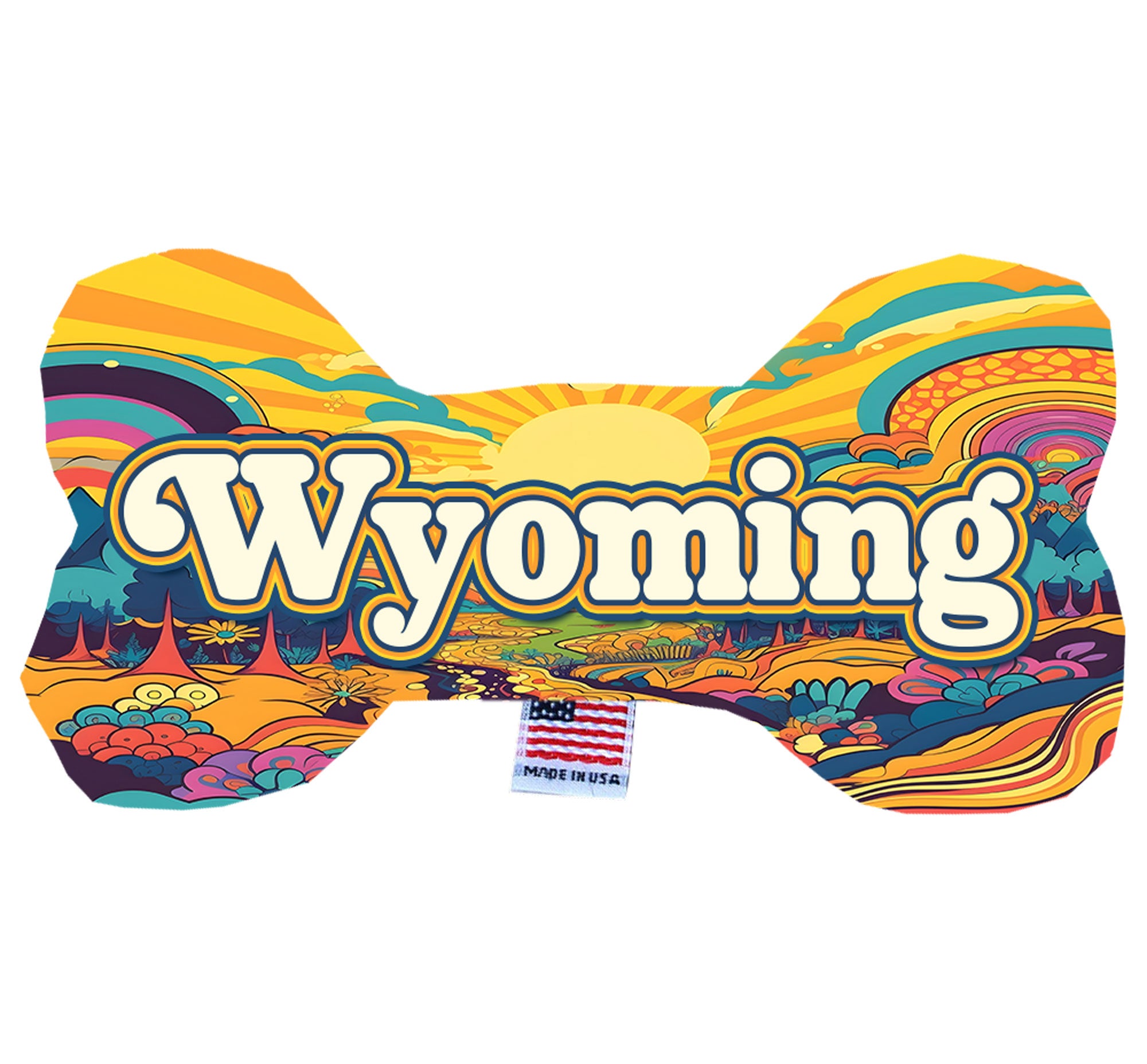A collection of Wyoming State themed plush bone toys for dogs, showcasing various patterns and sizes, perfect for playtime and cuddling.
