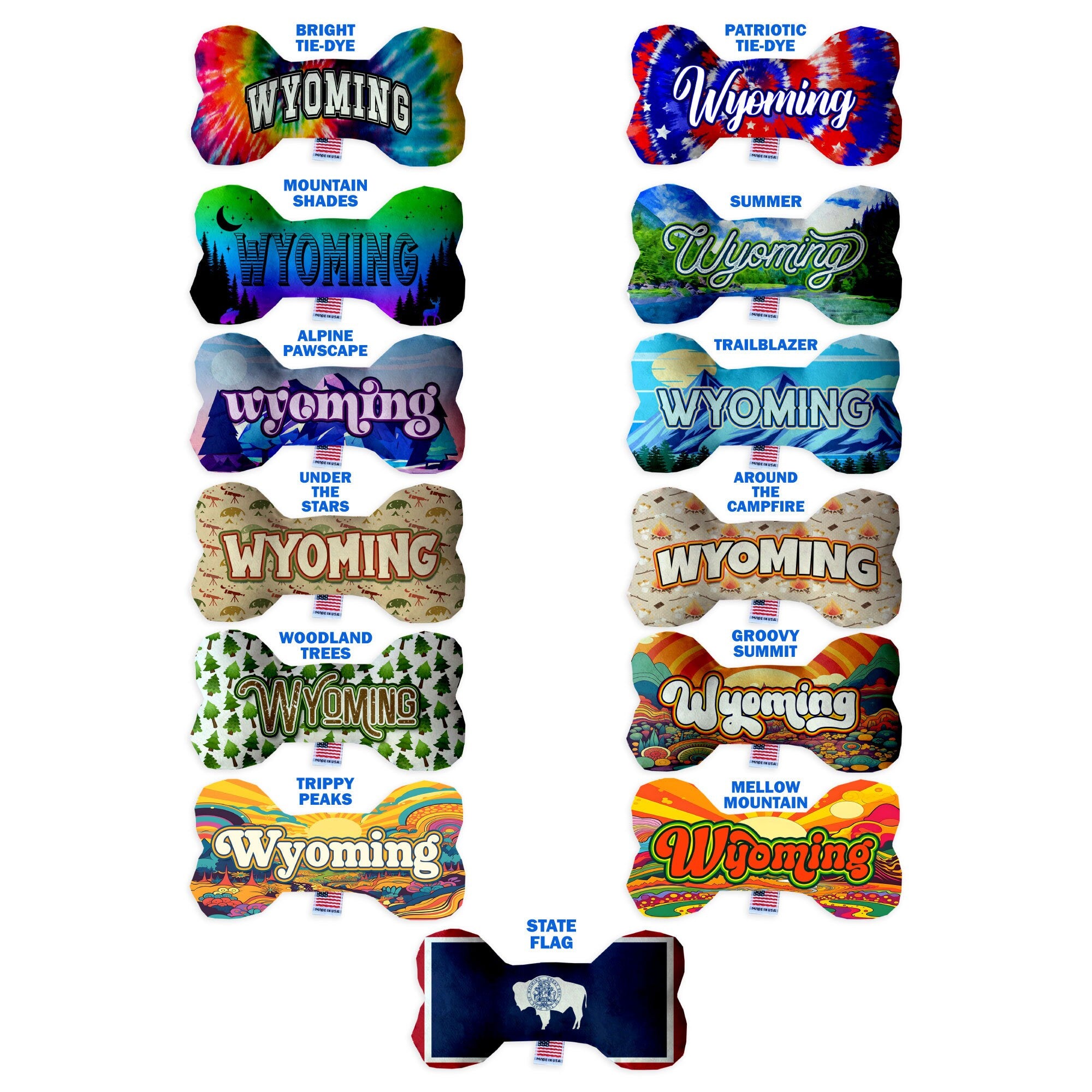 A collection of Wyoming State themed plush bone toys for dogs, showcasing various patterns and sizes, perfect for playtime and cuddling.