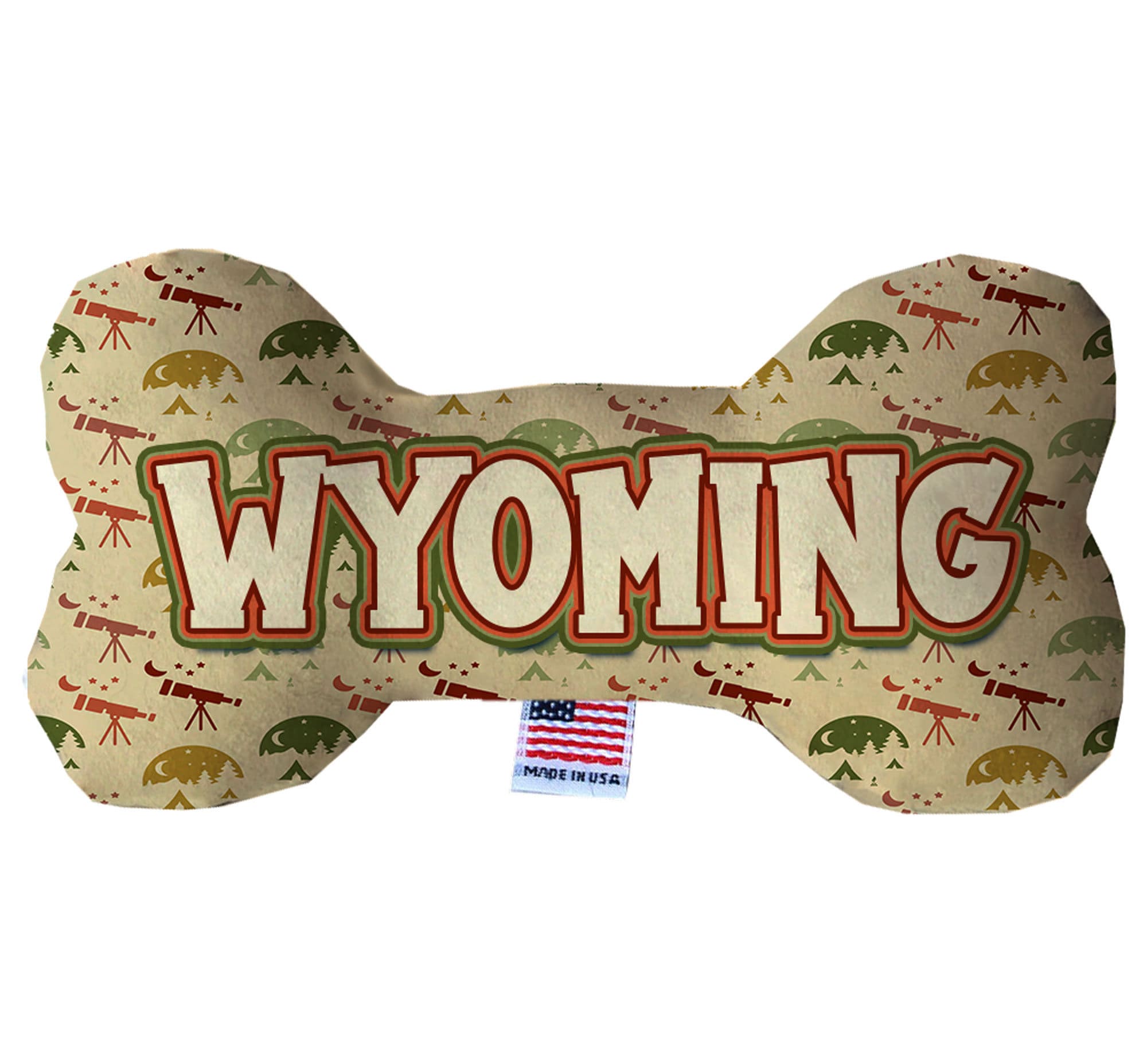 A collection of Wyoming State themed plush bone toys for dogs, showcasing various patterns and sizes, perfect for playtime and cuddling.