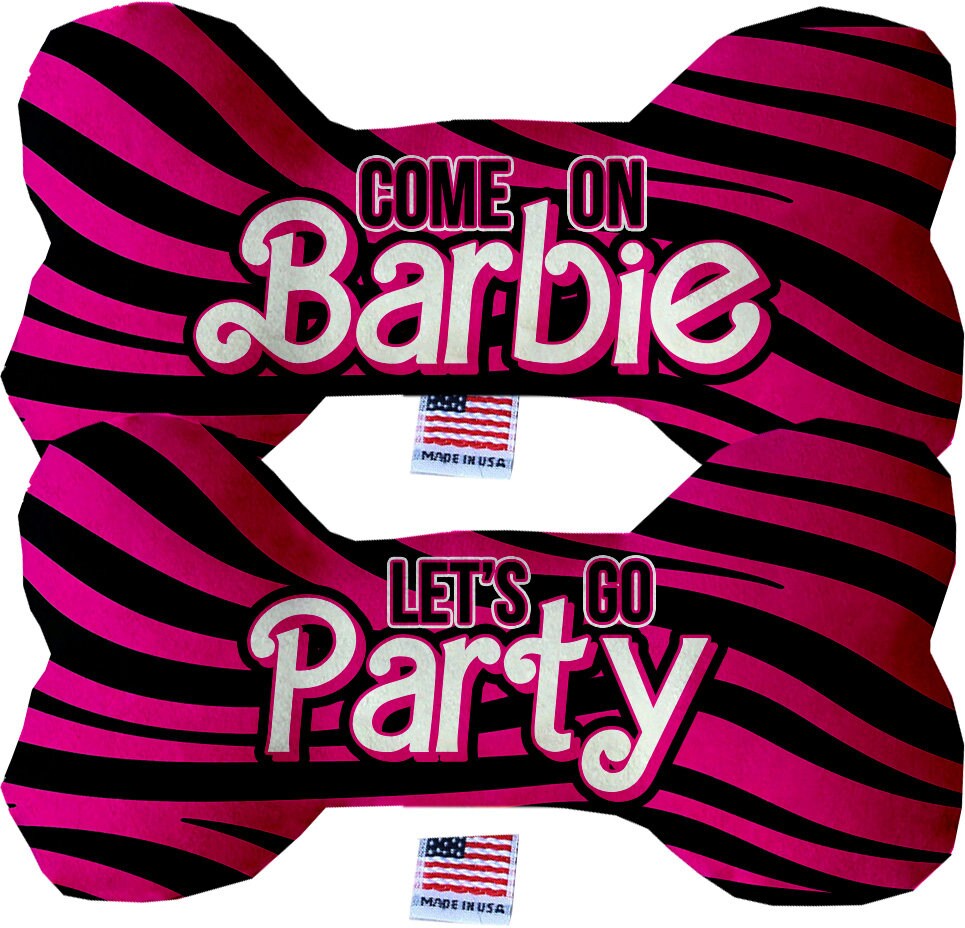 A plush double-sided bone toy for dogs, featuring a vibrant design with the text 'Come On, Let's Go Party', available in multiple sizes.