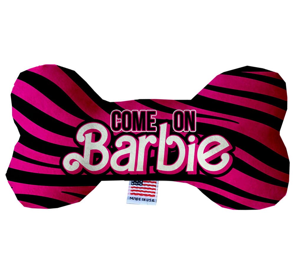 A plush double-sided bone toy for dogs, featuring a vibrant design with the text 'Come On, Let's Go Party', available in multiple sizes.