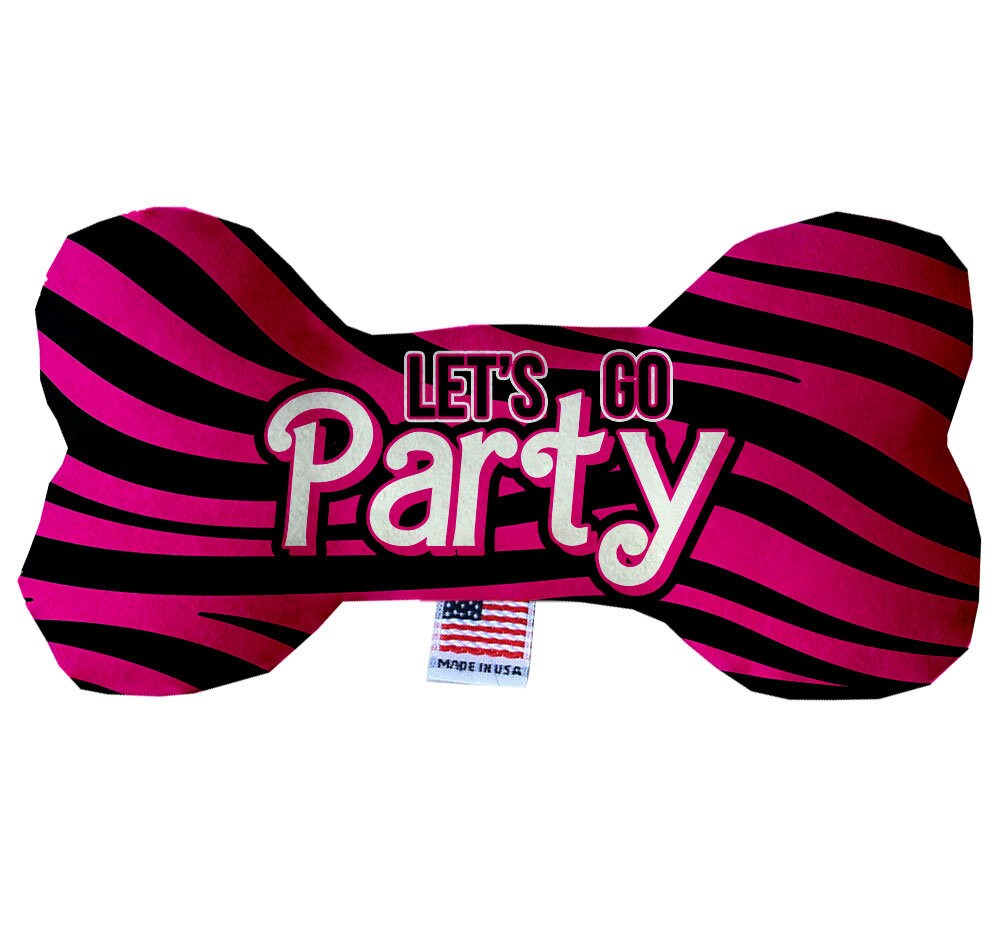 A plush double-sided bone toy for dogs, featuring a vibrant design with the text 'Come On, Let's Go Party', available in multiple sizes.