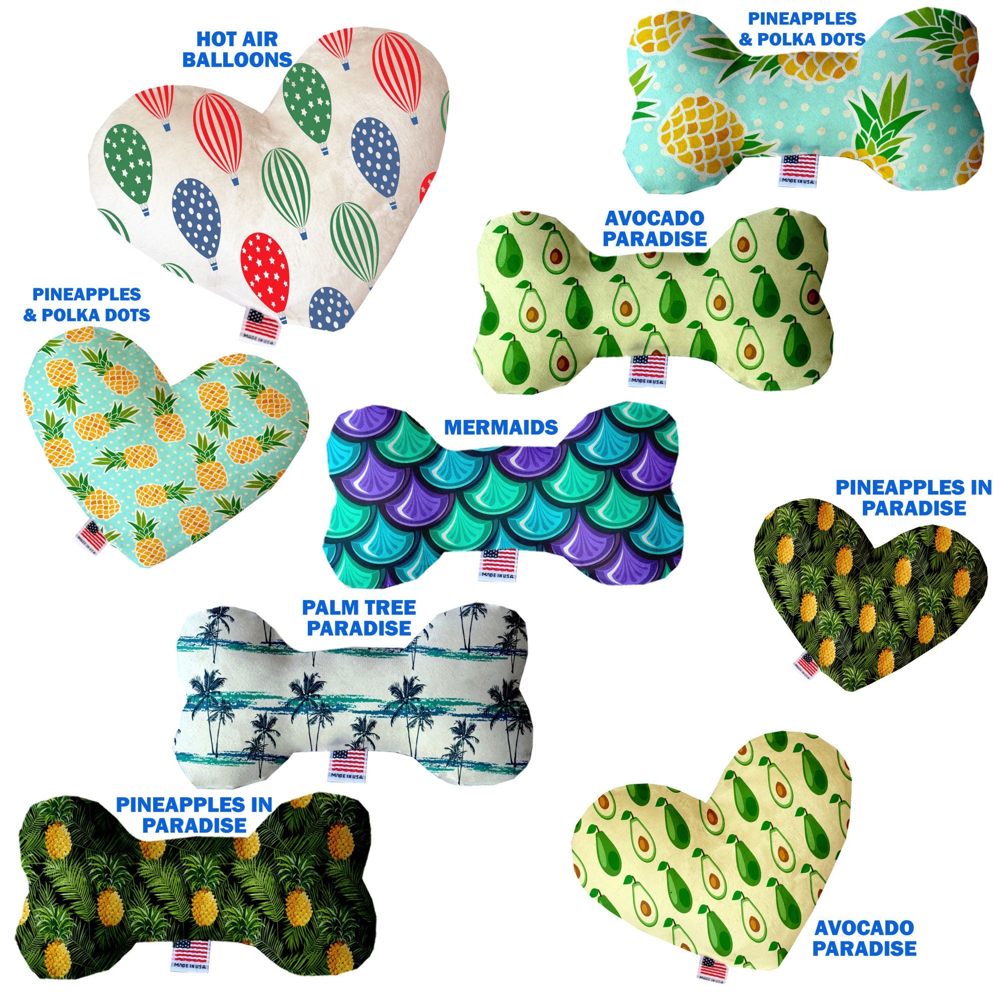 A collection of plush heart and bone toys for dogs, featuring various patterns and sizes, showcasing their soft texture and squeakers.