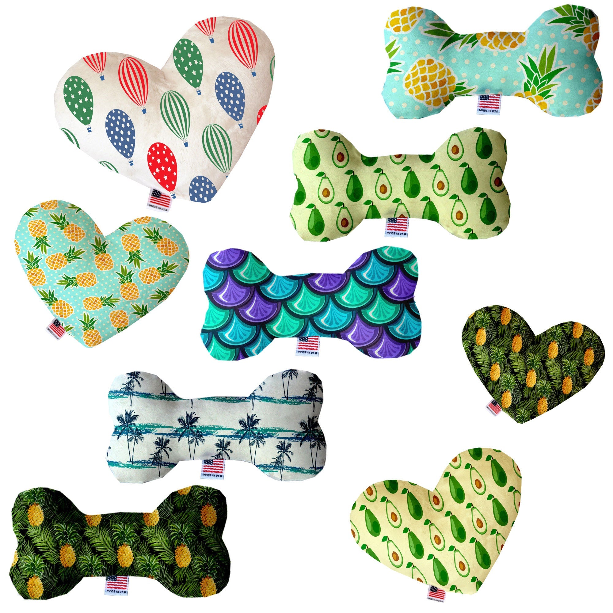 A plush heart and bone toy for dogs, handmade in the USA, featuring vibrant patterns and soft texture, perfect for playtime and cuddling.