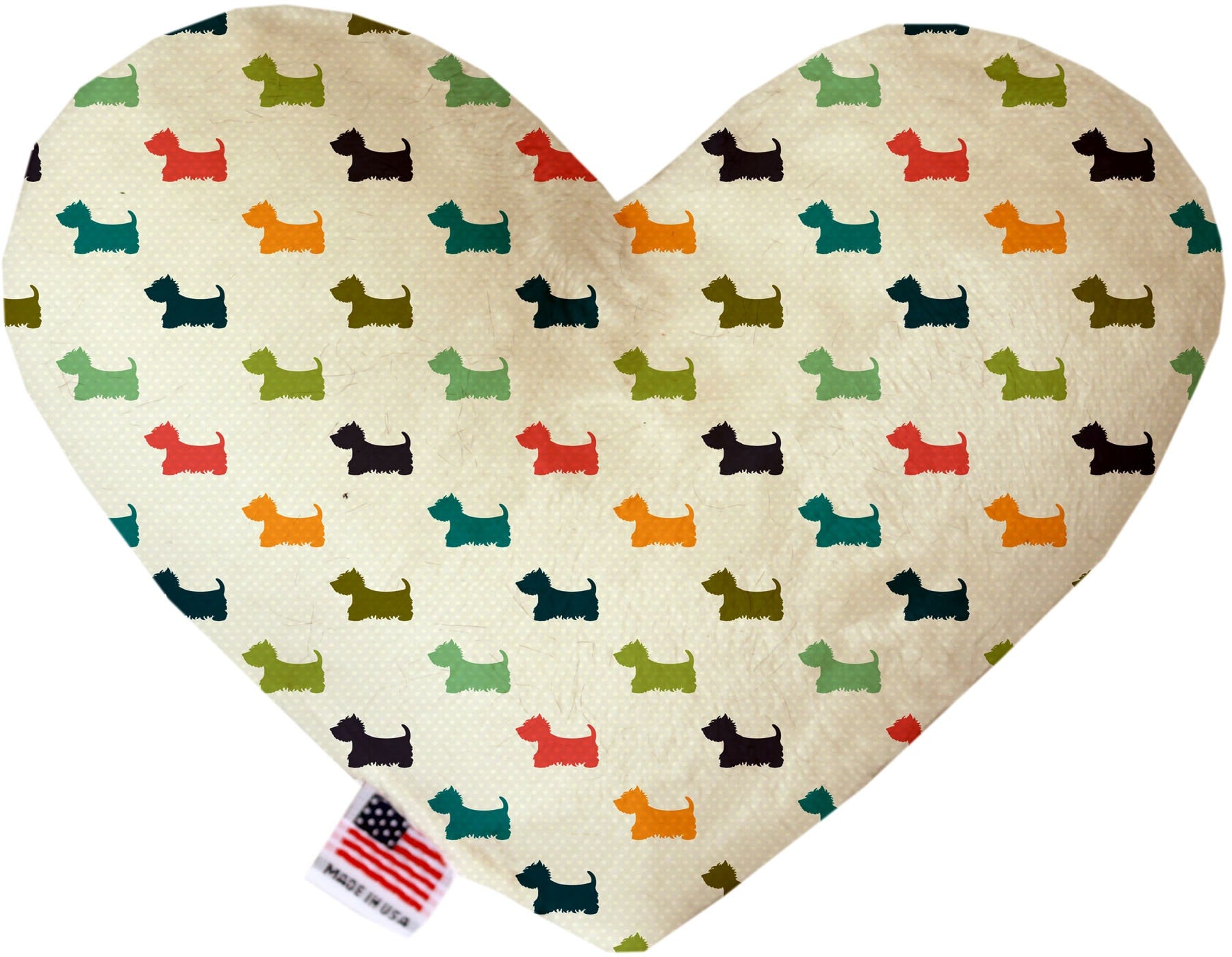 A plush heart and bone toy for dogs, handmade in the USA, featuring soft fabric and squeakers, available in various sizes and patterns.