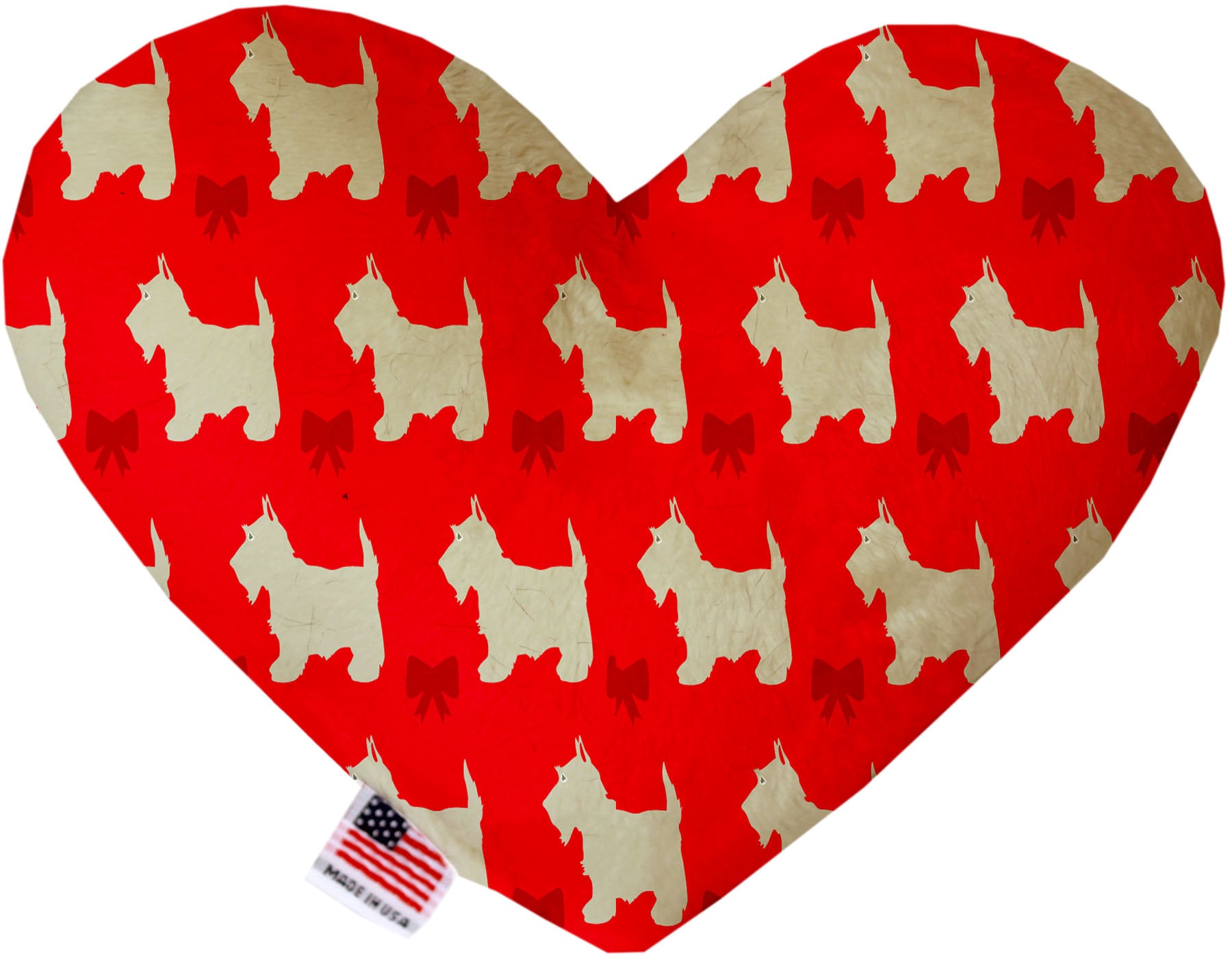 A plush heart and bone toy for dogs, handmade in the USA, featuring soft fabric and squeakers, available in various sizes and patterns.