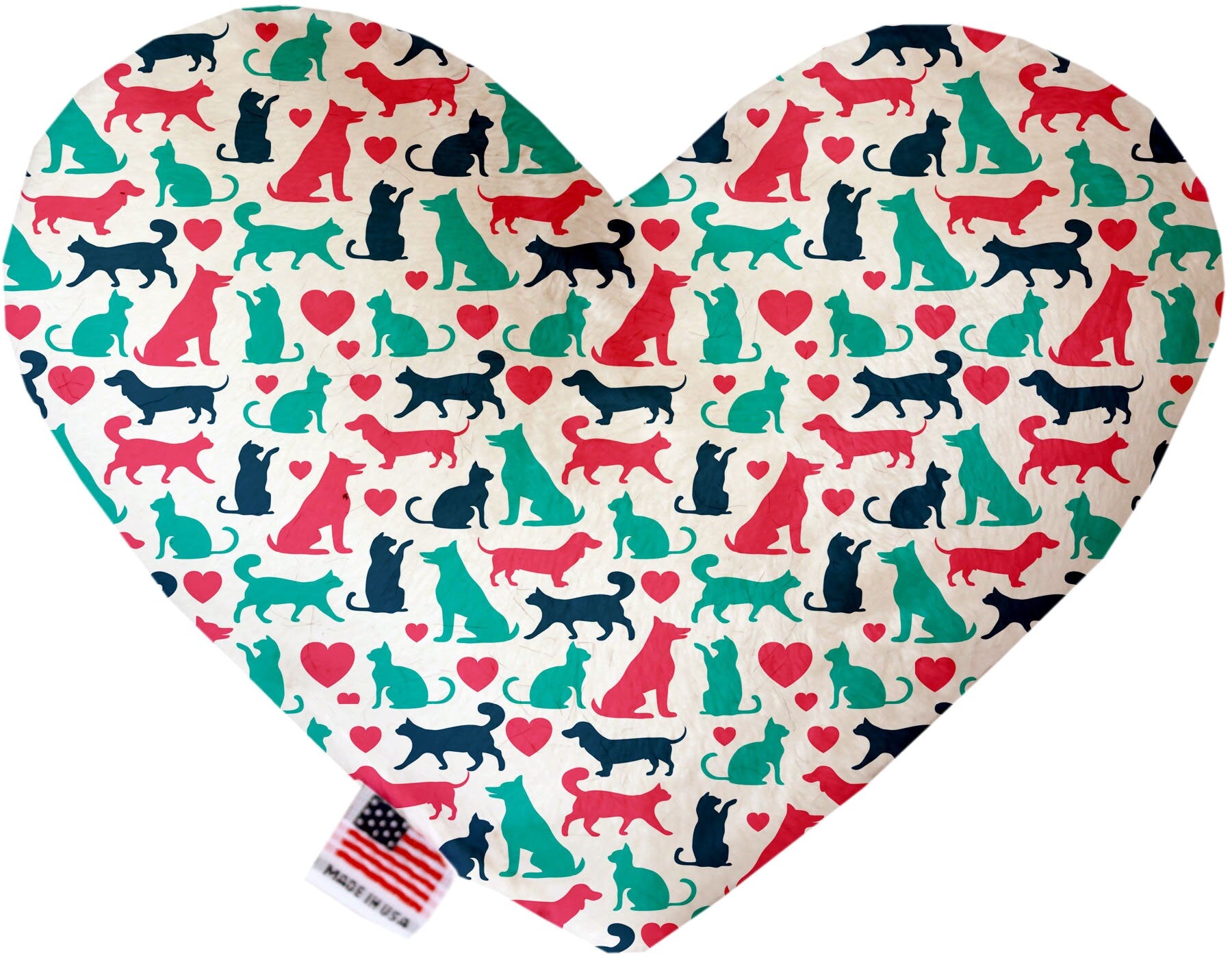 A plush heart and bone toy for dogs, handmade in the USA, featuring soft fabric and squeakers, available in various sizes and patterns.