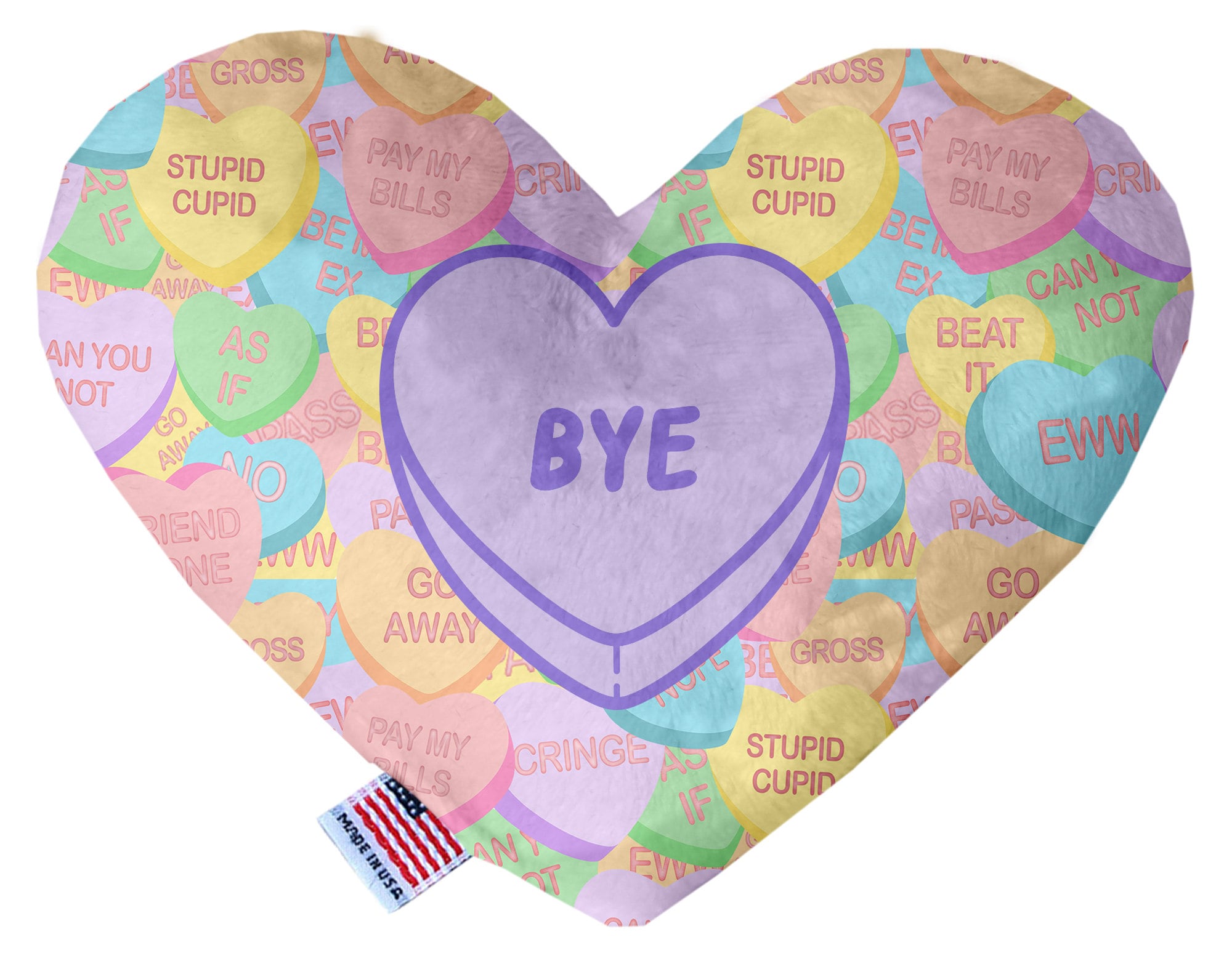 A soft and cuddly plush heart toy for dogs, featuring the word 'Bye' and available in multiple sizes with squeakers.