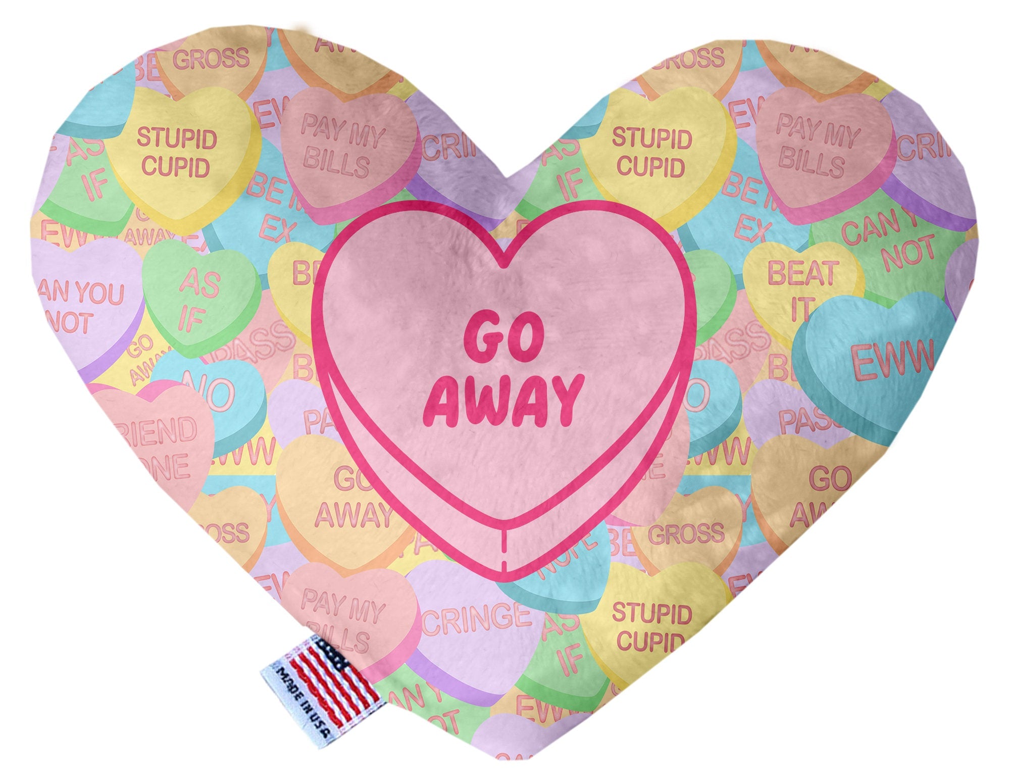 A soft and cuddly plush heart toy for dogs, featuring the phrase 'Go Away', available in multiple sizes with squeakers.
