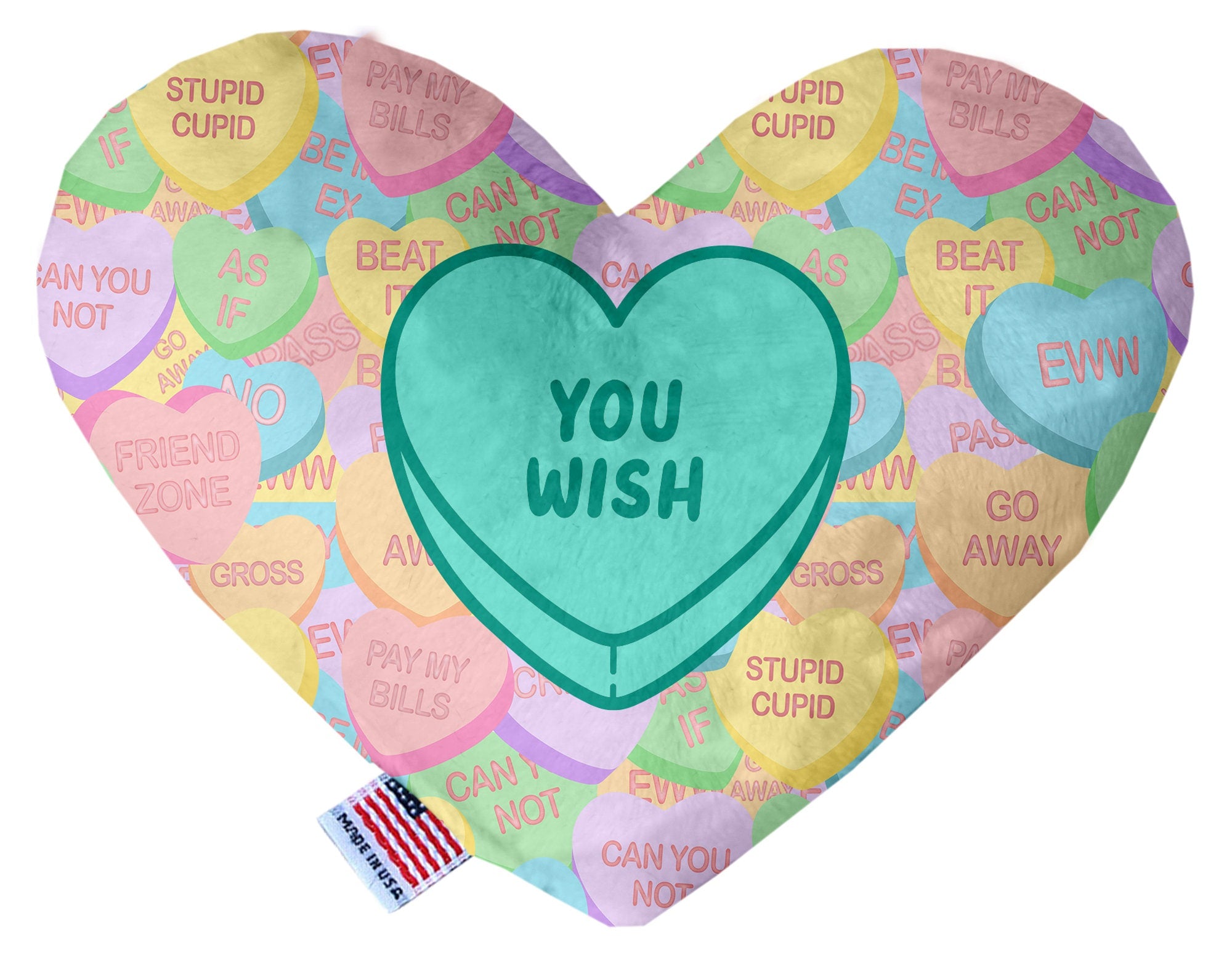 A soft and cuddly plush heart toy for dogs, featuring the phrase 'You Wish', available in multiple sizes with squeakers.