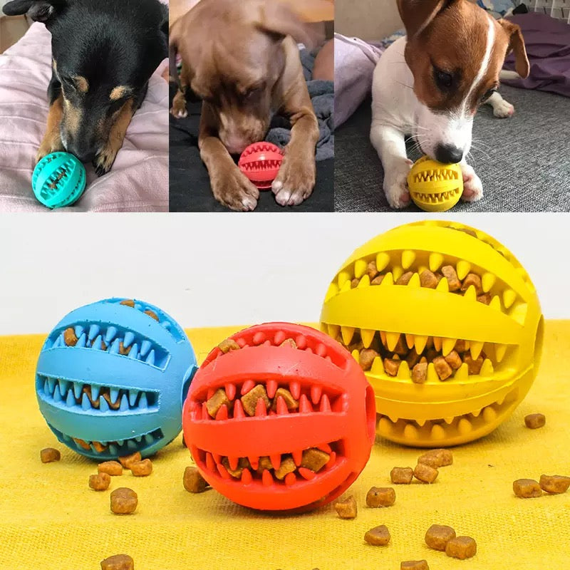 A vibrant, extra-tough rubber jump toy designed for dogs and cats, showcasing its elasticity and durable construction.