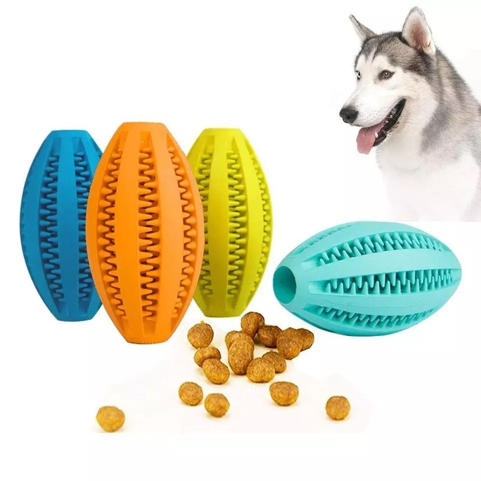 A vibrant, extra-tough rubber jump toy designed for dogs and cats, showcasing its elasticity and durable construction.