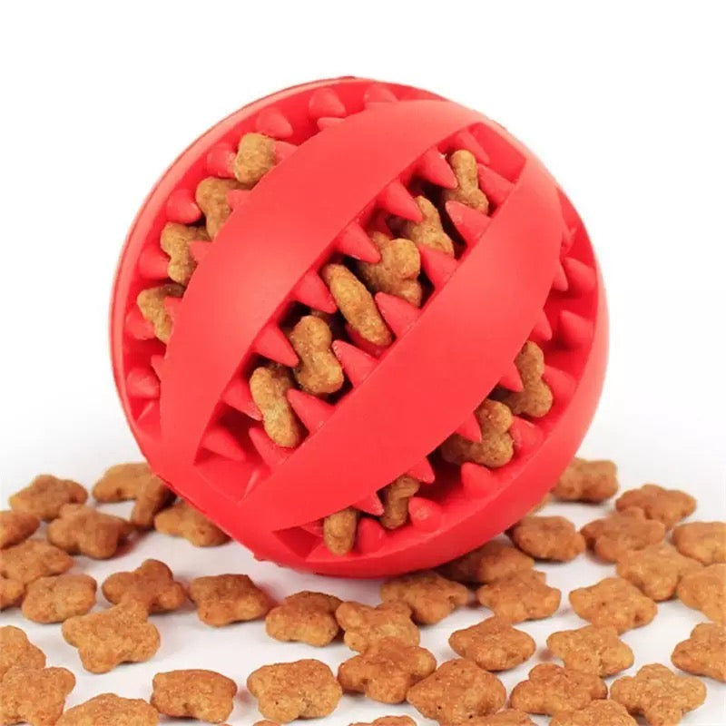 A vibrant, extra-tough rubber jump toy designed for dogs and cats, showcasing its elasticity and durable construction.