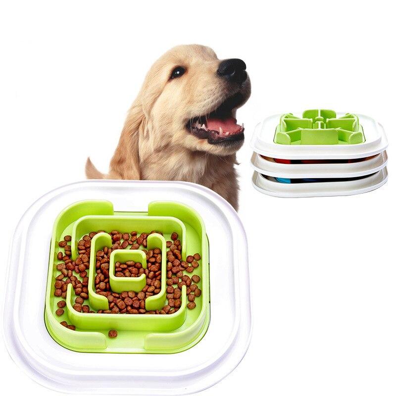 Portable pet feeder bowls in green, blue, and purple, designed to slow down eating for dogs and cats.