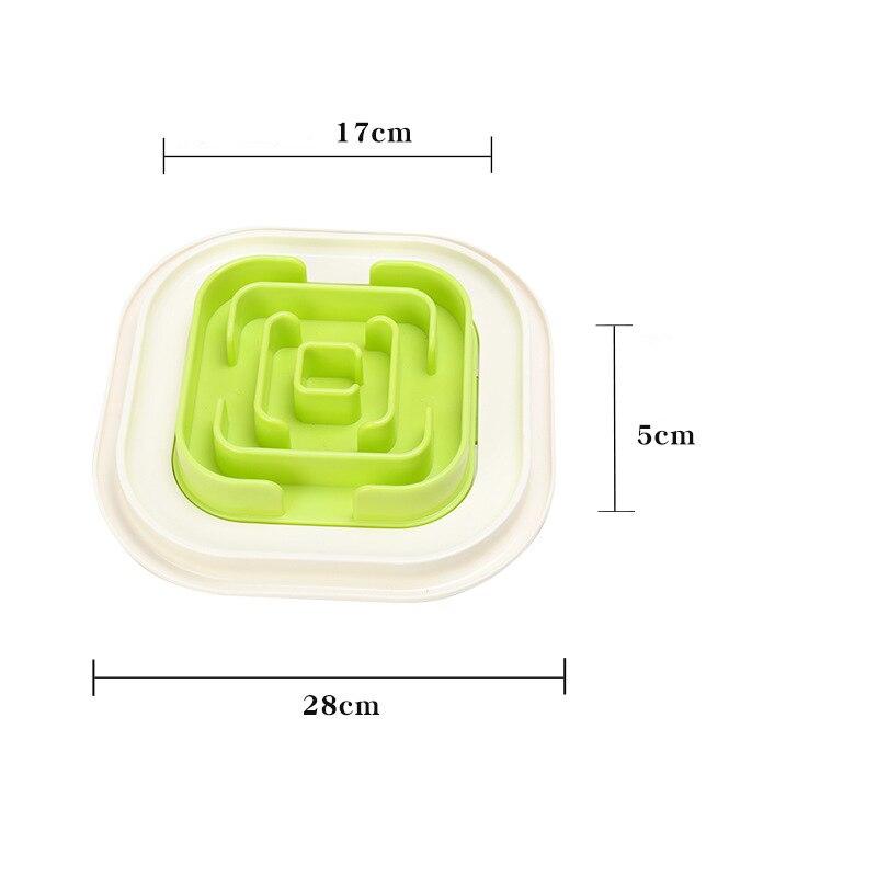 Portable pet feeder bowls in green, blue, and purple, designed to slow down eating for dogs and cats.