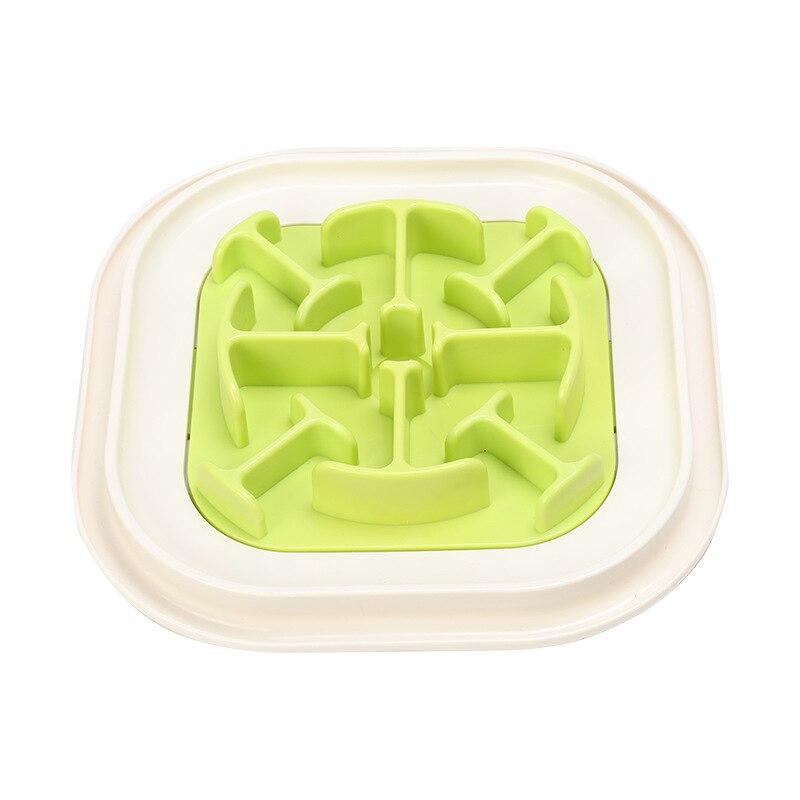 Portable pet feeder bowls in green, blue, and purple, designed to slow down eating for dogs and cats.