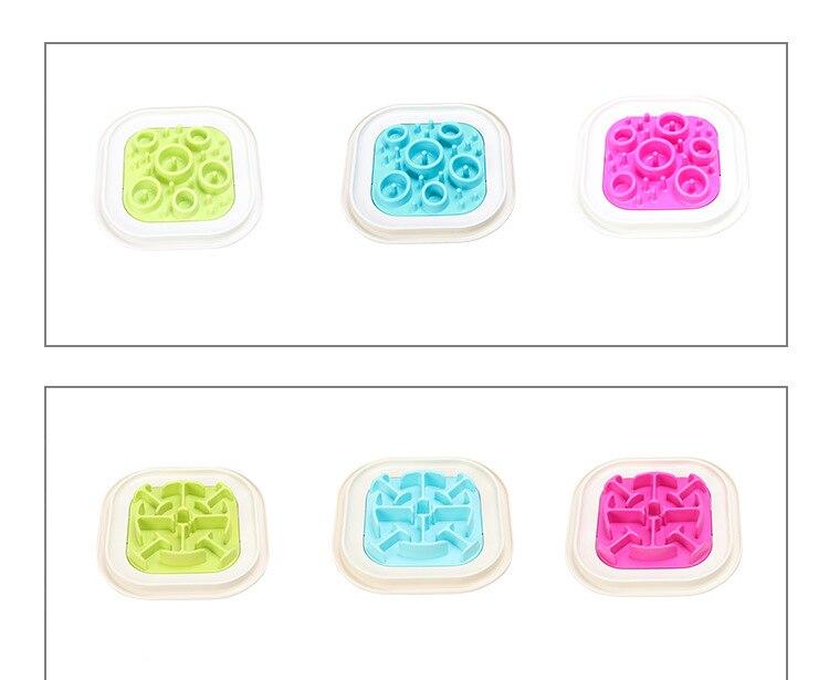 Portable pet feeder bowls in green, blue, and purple, designed to slow down eating for dogs and cats.