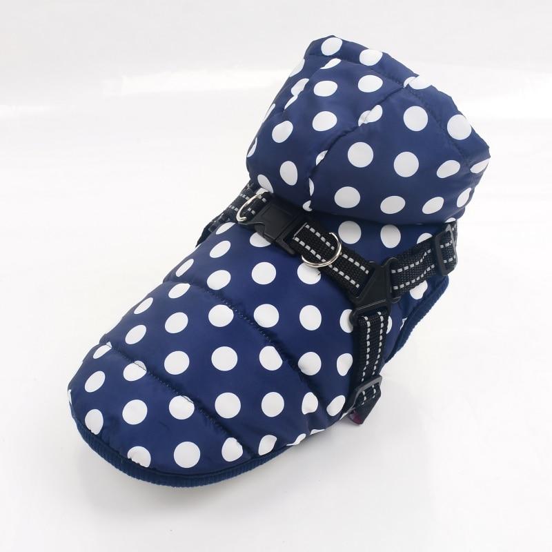 A stylish winter skiing jacket coat for puppies, featuring an adjustable chest strap and a vibrant print design, perfect for outdoor walks.