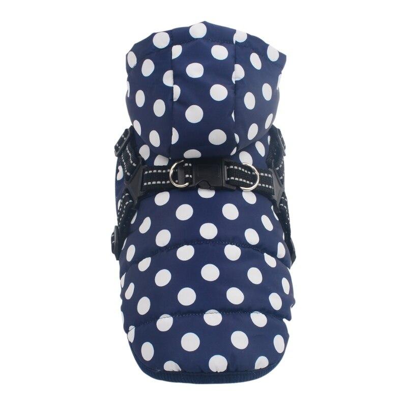 A stylish winter skiing jacket coat for puppies, featuring an adjustable chest strap and a vibrant print design, perfect for outdoor walks.