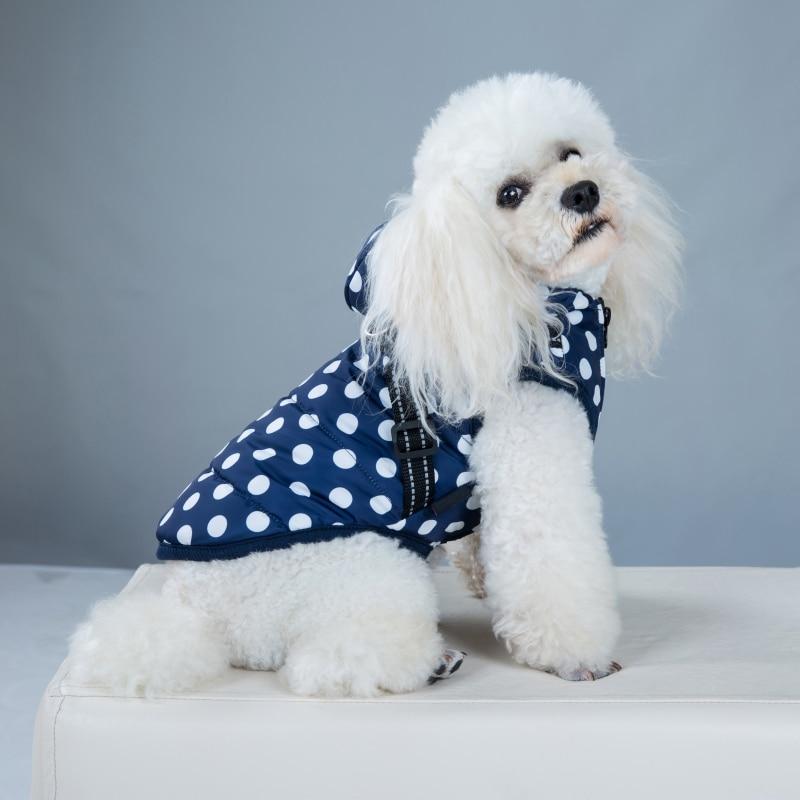 A stylish winter skiing jacket coat for puppies, featuring an adjustable chest strap and a vibrant print design, perfect for outdoor walks.