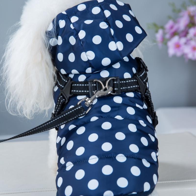 A stylish winter skiing jacket coat for puppies, featuring an adjustable chest strap and a vibrant print design, perfect for outdoor walks.