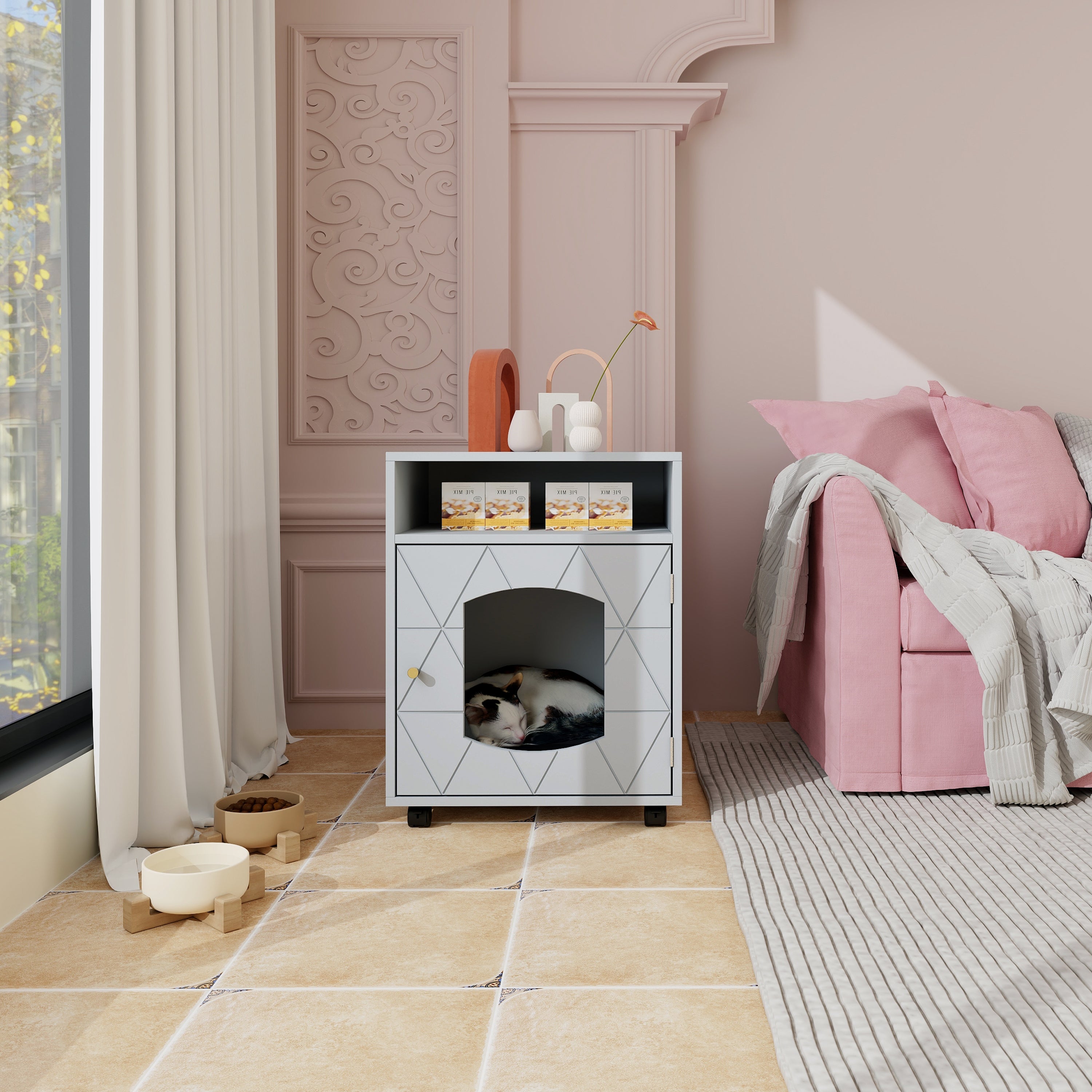 A stylish gray side table that doubles as a hidden cat house, featuring a cozy compartment for pets and a sleek design for modern interiors.
