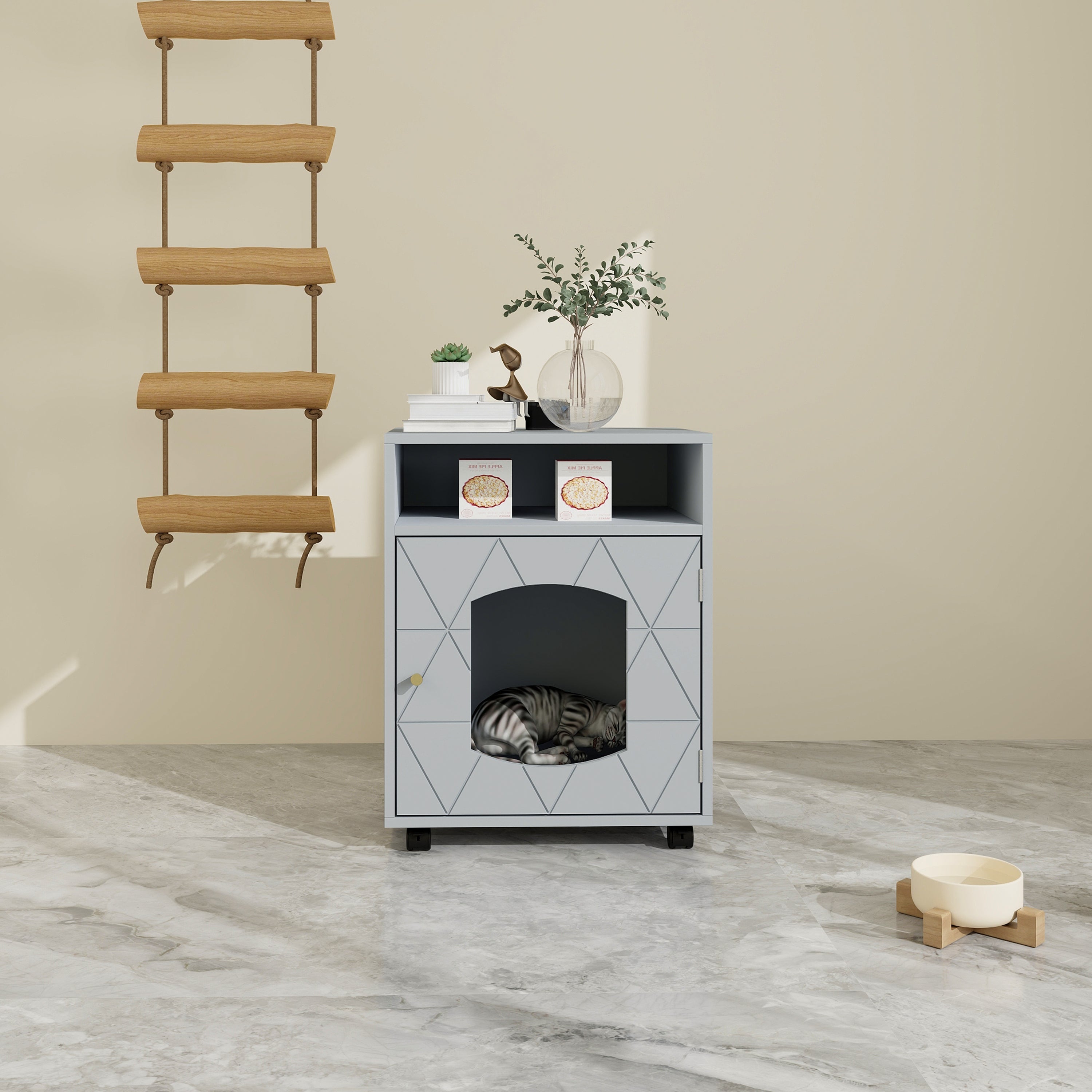 A stylish gray side table that doubles as a hidden cat home, featuring a cozy compartment for pets and a sleek design for modern interiors.