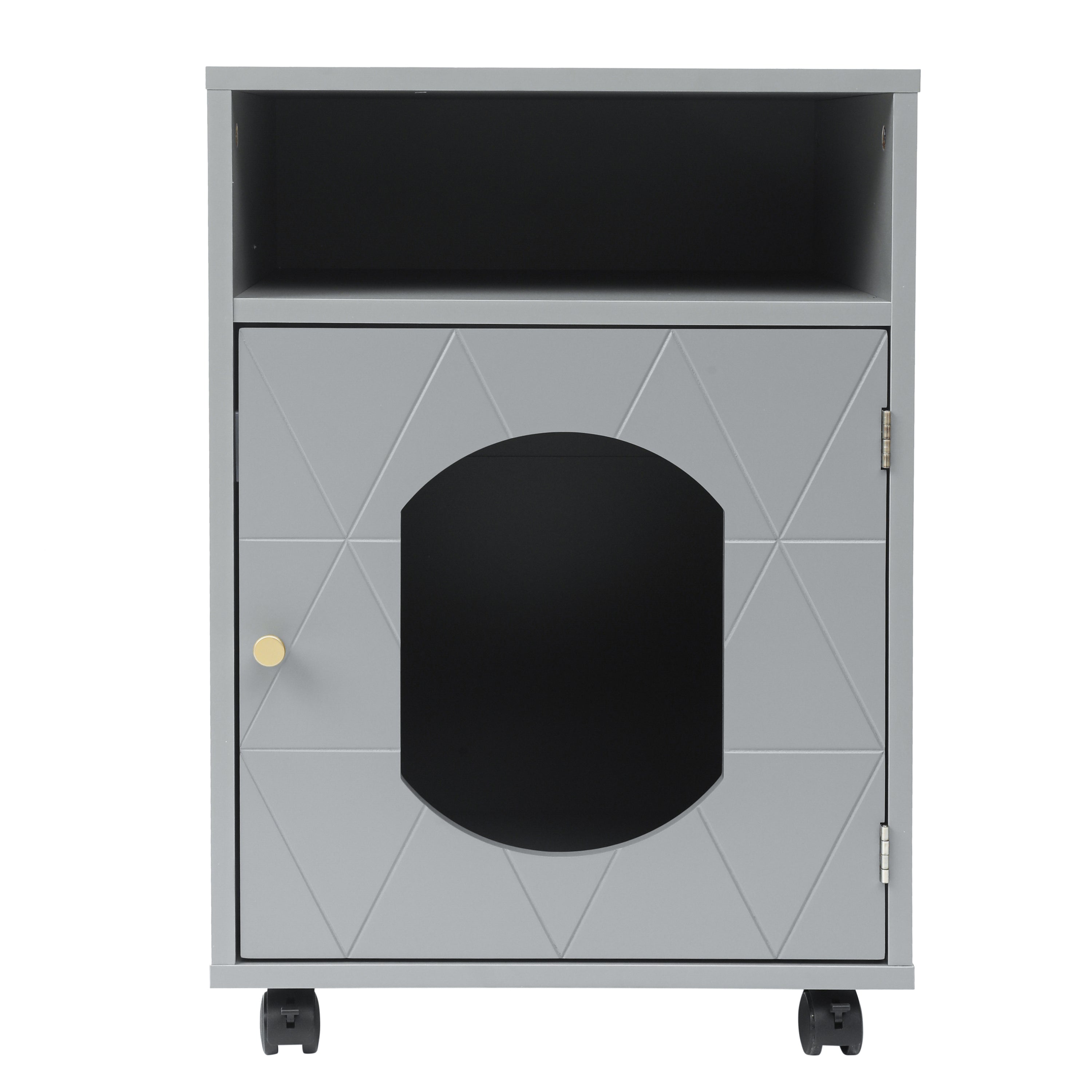 A stylish gray side table that doubles as a hidden cat home, featuring a cozy compartment for pets and a sleek design for modern interiors.