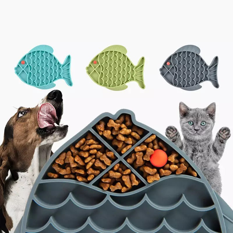 A colorful Pet Licking Mat in red, blue, and green, designed for dogs and cats to promote calmness and anxiety relief through interactive licking.