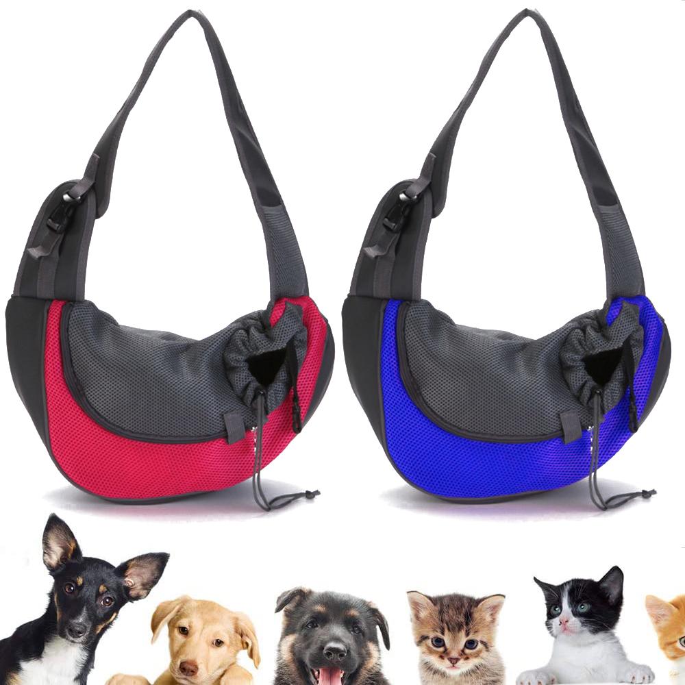 Pet Puppy Carrier Travel Dog Shoulder Bag in rose red and blue, featuring a padded shoulder strap and breathable mesh for comfort.