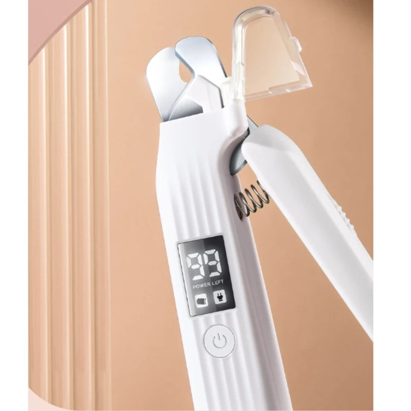 Pet Safety LED Grinder Claw Trimmer designed for safe and efficient nail grooming of dogs, cats, and rabbits, featuring an ergonomic grip and LED light.