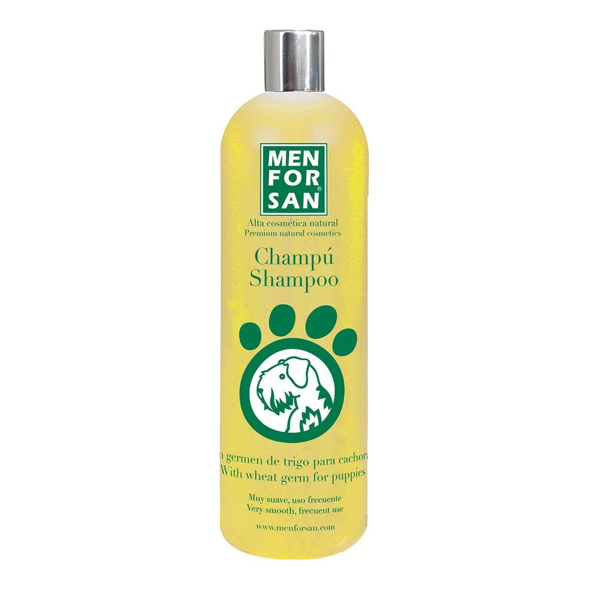Menforsan Pet Shampoo 1 L for Dogs and Puppies with Wheatgerm, featuring a sleek bottle design and clear labeling.