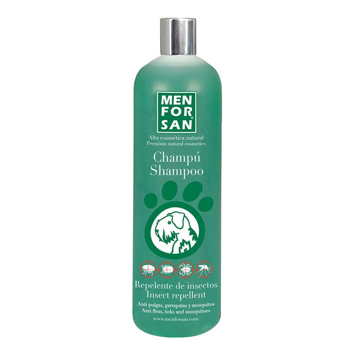 Menforsan Dog Insect Repellant Shampoo with Citronela in a 1 L bottle, designed for effective insect protection and fresh scent.