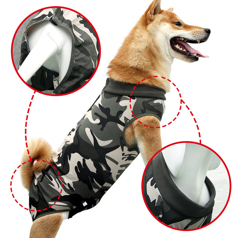 A striped breathable surgical gown for dogs, designed for sterilization and weaning, showcasing its stylish camo and blue patterns.