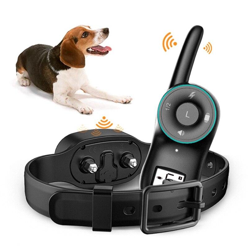 A rechargeable waterproof training collar for dogs, designed to stop barking with ultrasonic technology, featuring adjustable settings and made from durable ABS material.