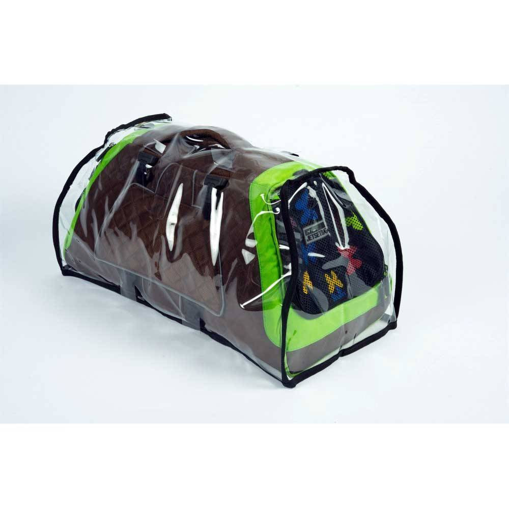 Petego Jet Set USB Infinita Rain Cover protecting a pet carrier from rain, featuring clear heavy-duty plastic and ventilation openings.