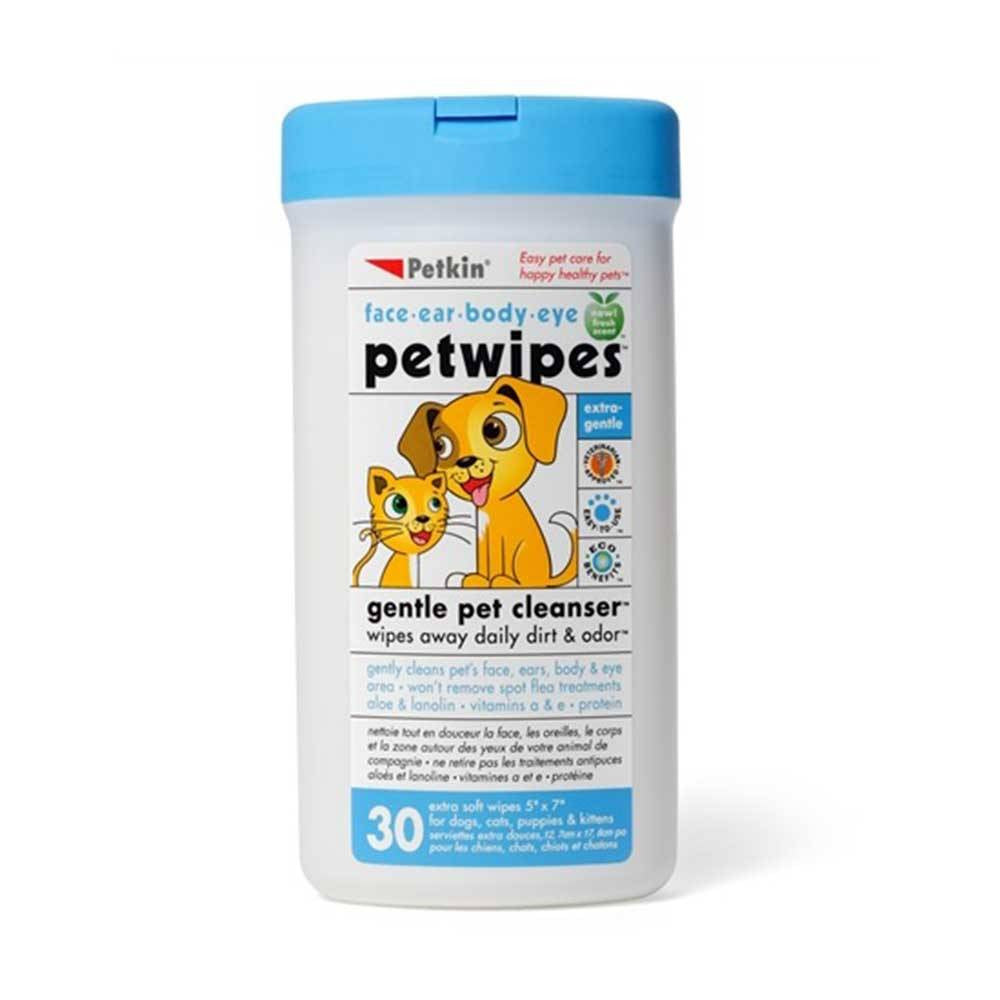 Petkin Face, Ear, Eye & Body Petwipes for Dogs and Cats, featuring a soft texture and natural cleaning formula.