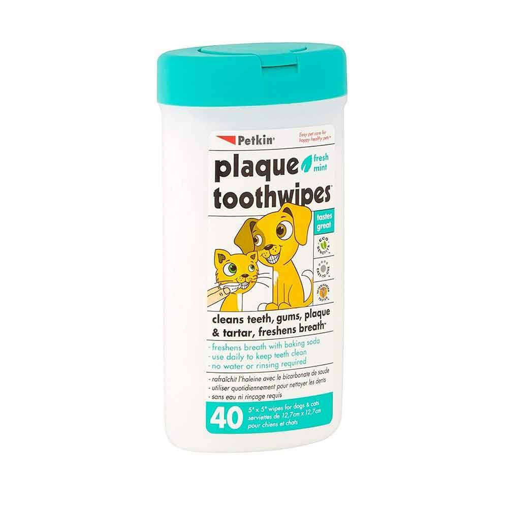 Petkin Plaque Toothwipes for Dogs and Cats, featuring a roll of soft wipes designed for dental care, with a natural baking soda formula.