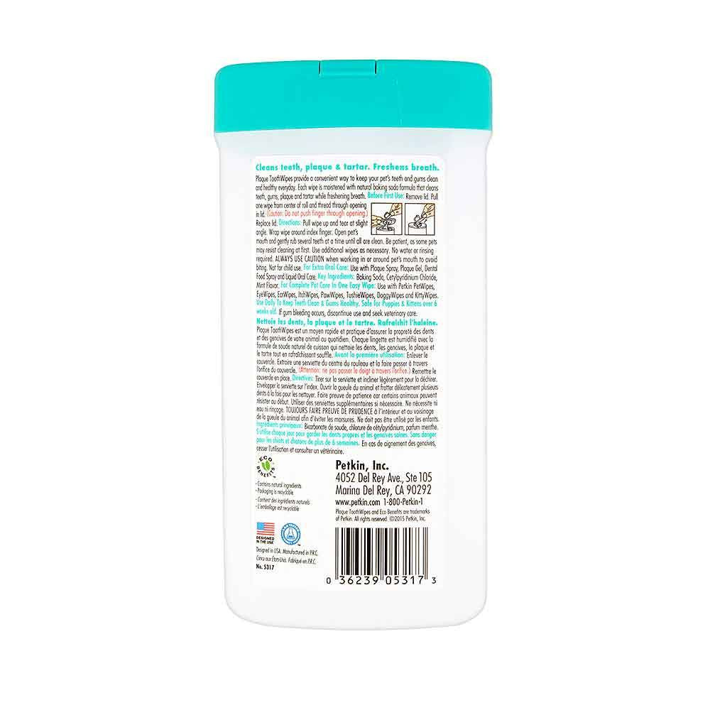 Petkin Plaque Toothwipes for Dogs and Cats, featuring a roll of soft wipes designed for dental care, with a natural baking soda formula.