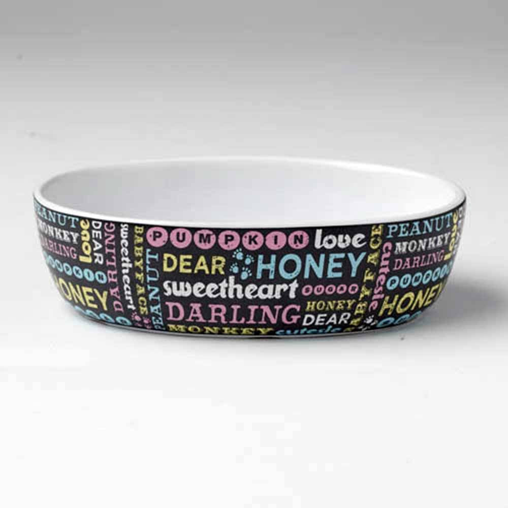 Petrageous Designs 6.75-inch oval pet bowl in dark gray with unique pet names design, perfect for food and water.