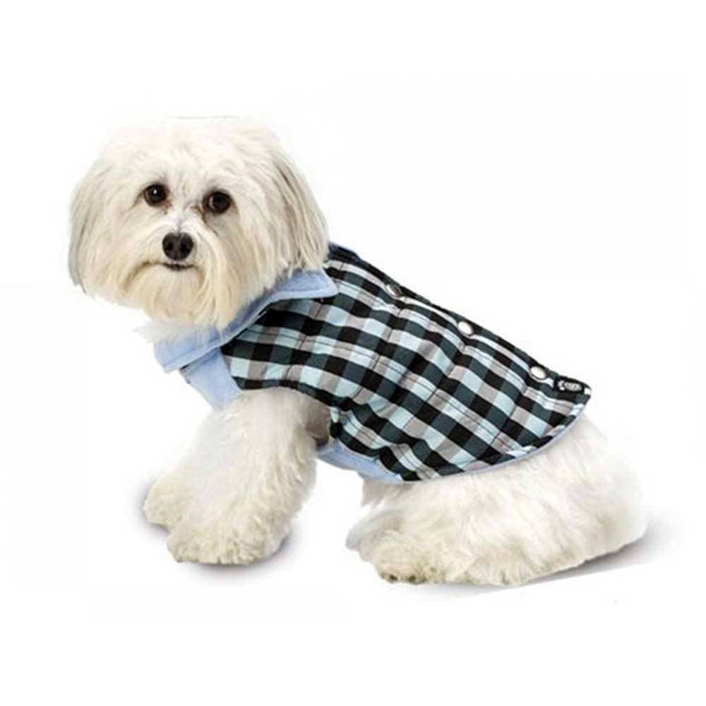 Petrageous Vail Checkered Dog Vest in blue, featuring a stylish checkered pattern and a cozy fleece lining, designed for small dogs.