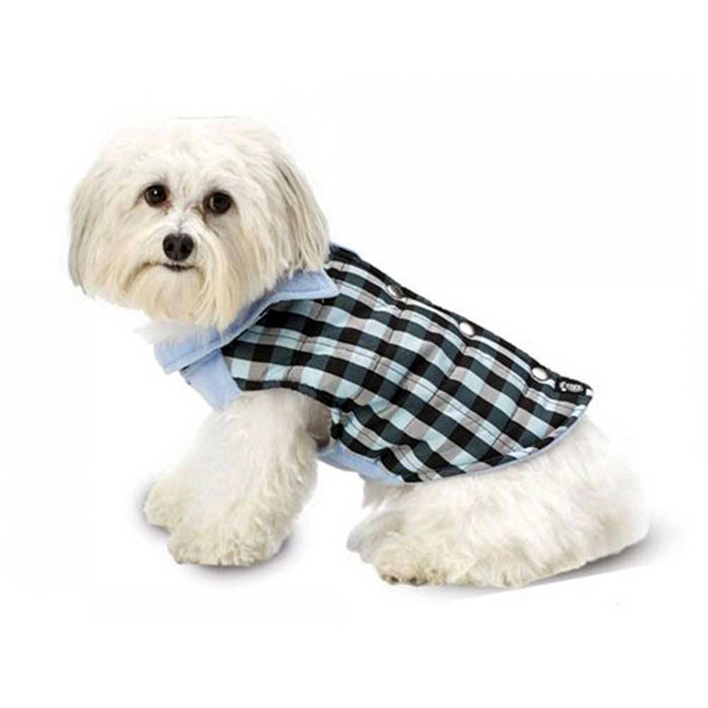 Petrageous Vail Checkered Dog Vest in blue, featuring a stylish checkered pattern and a cozy fleece lining, designed for small dogs.