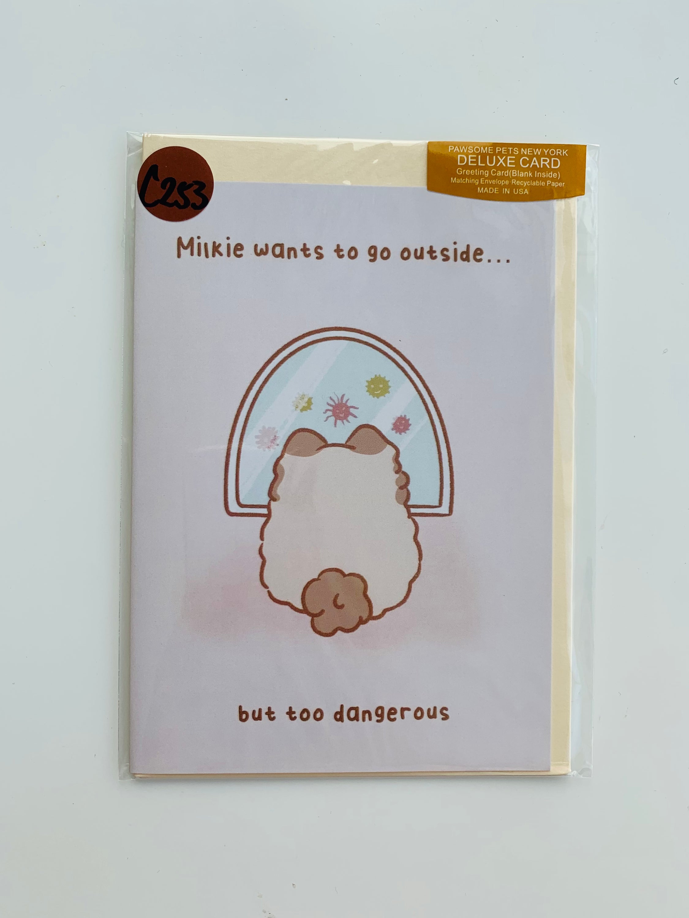 A beautifully designed greeting card featuring a hand-painted pet illustration, printed on smooth white cardstock with a craft envelope.