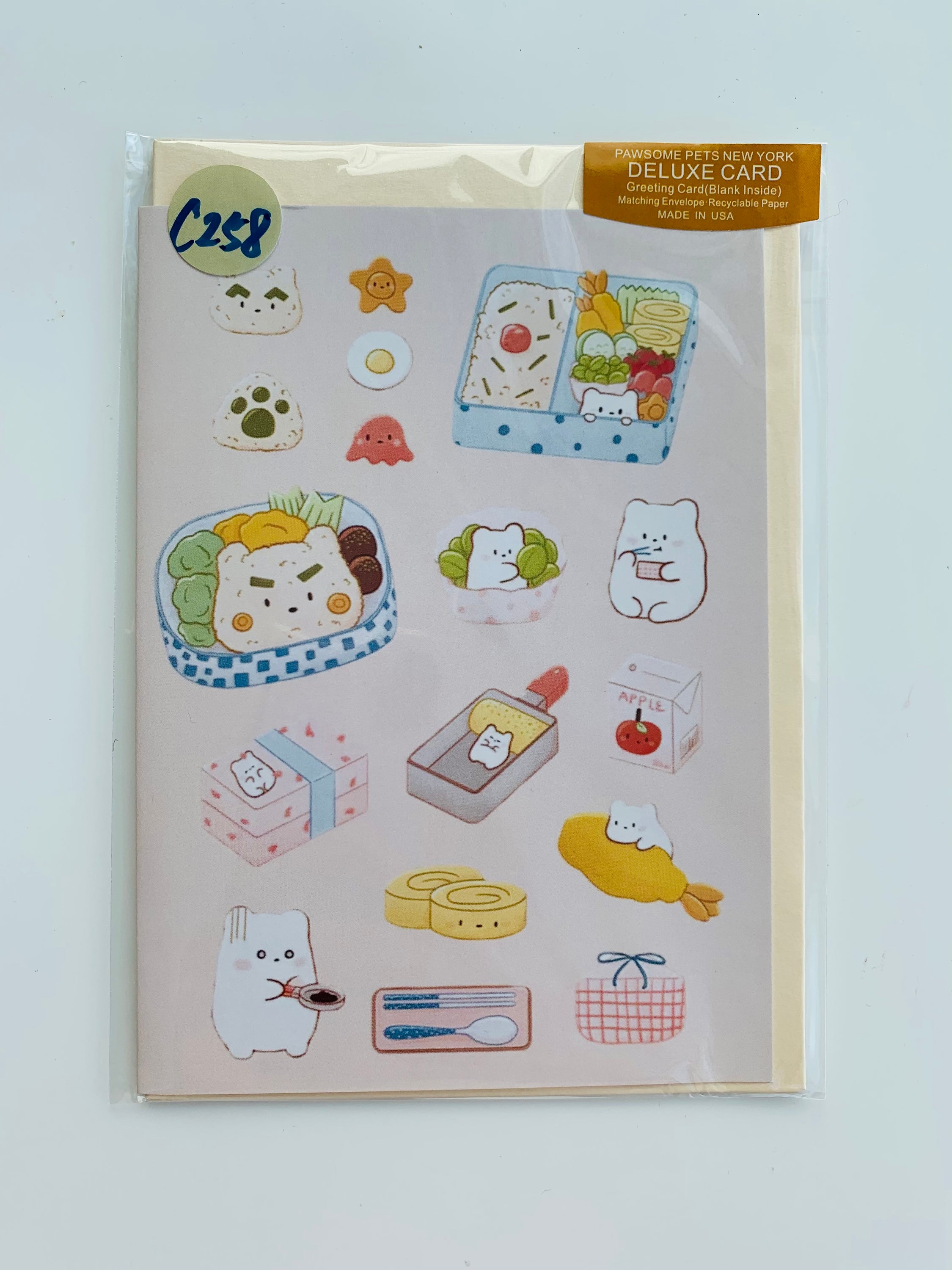 PETS GREETING CARD - #198 featuring a hand-painted design of various pets on smooth white cardstock with a craft envelope.